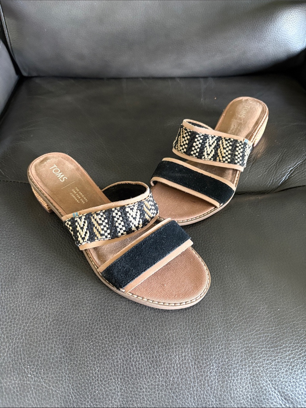 TOMS Black and Tan Woven Two-Strap Slide Sandals